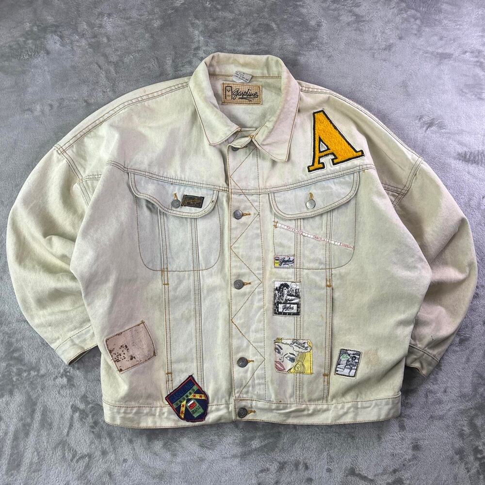 VTG 80s Gasoline Jeans Denim Jacket Mens Small Distressed Patch Varsity Trucker